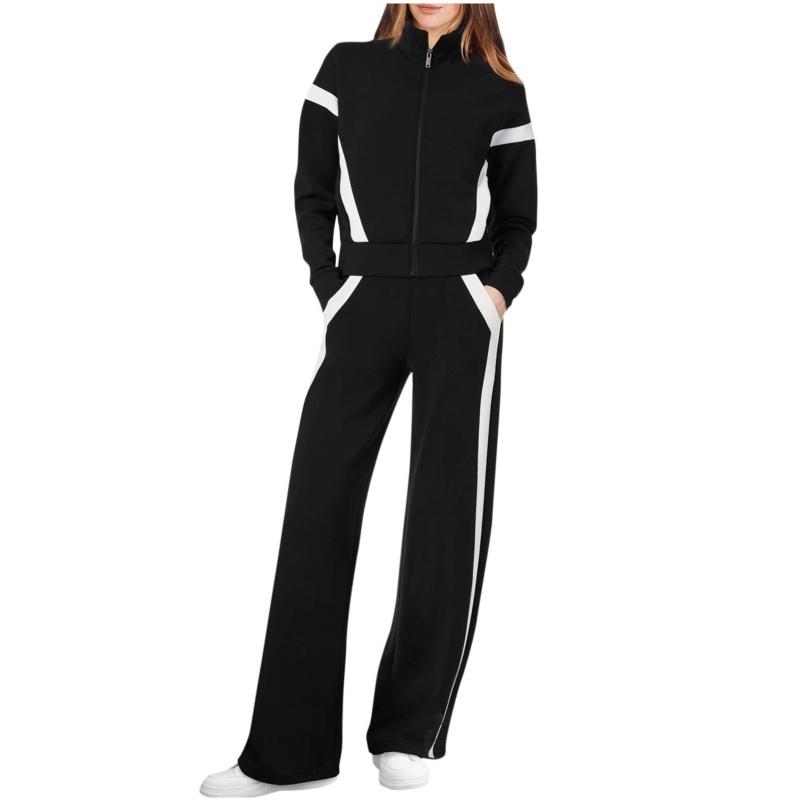 YUGYXL Womens Color Block Tracksuit 2 Pieces Outfits Long Sleeve Zipper Jacket and Pants Sportswear Sweatsuits with Pocket Black