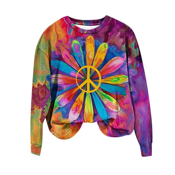 YUGYXL Womens Colorful Pullover Vintage Crew Neck Sweatshirt Long Sleeve Tie Dye Blouse Hippie Print Y2K Streetwear Orange L