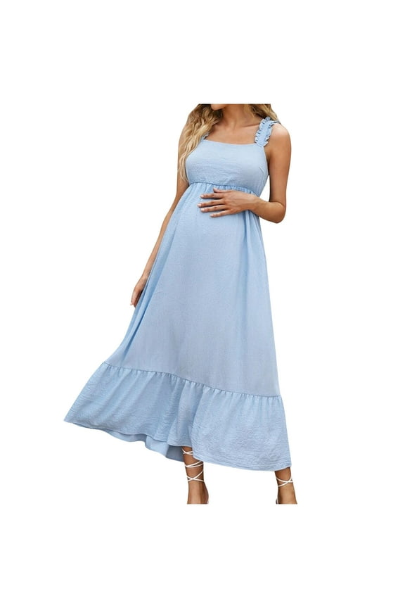 Womens Comfy Maternity Dress Sofy Breathable Spaghetti Strap Dresses Lounge Halter Bow Tie Pregnancy Clothes for Baby Shower Ruched Long Dresses Today's Light Blue,L