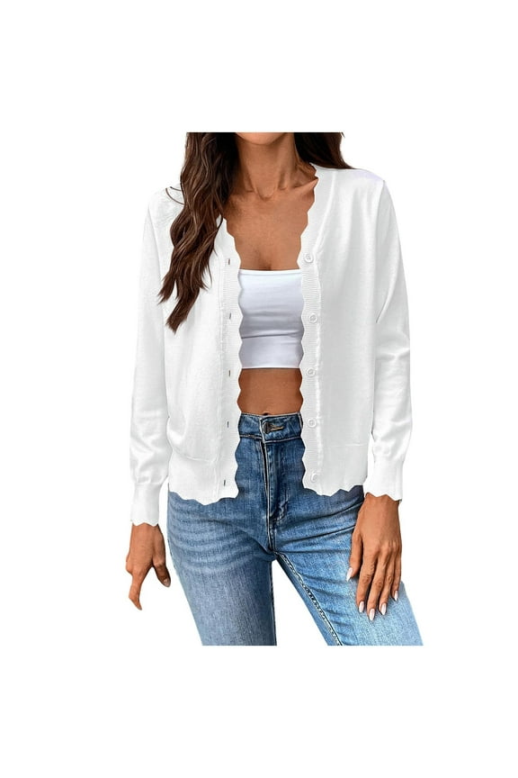 Womens Cotton Cardigan Sweaters Long Sleeve Casual Lightweight Button Down V-Neck Fall Clothes White L