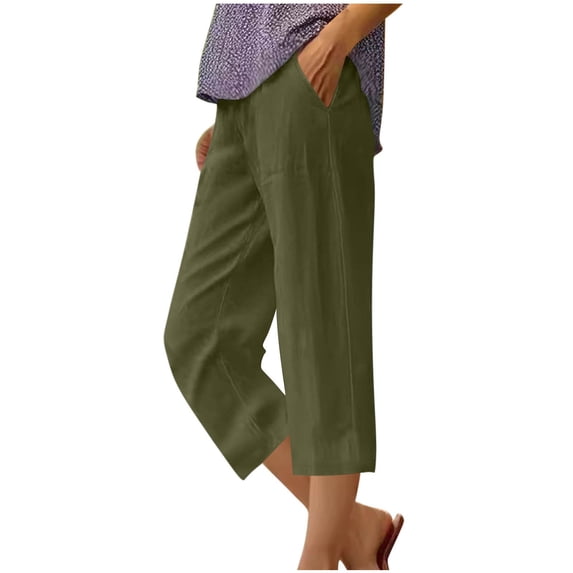 YUGYXL Womens Cotton Cropped Pants Loose Fit Wide Leg Capri Casual Plus Size Elastic Waist Trousers Army Green XL
