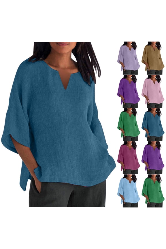 Womens Cotton Linen 3/4 Sleeve T Shirt Summer Loose Fit V-Neck Blouse Breathable Soft Solid Color Oullover Tops Going Out Loungewear Blue,XXXXL