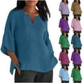 thumbnail image 1 of YUGYXL Womens Cotton Linen 3/4 Sleeve T Shirt Summer Loose Fit V-Neck Blouse Breathable Soft Solid Color Oullover Tops Going Out Loungewear Blue,XL, 1 of 6