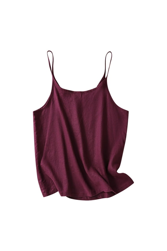 Womens Cotton Linen Camisole Spaghetti Straps Tank Tops Crew Neck Soft Breathable Standard Strap Blouses Summer Sleeveless Cami Shirt Purple,M