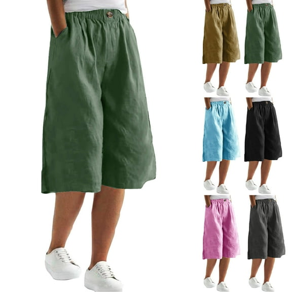 YUGYXL Womens Cotton Linen Capri Pants Button Up Stretch Waist Capris with Pockets Summer Wide Leg Pants Holiday Lounge Pants Army Green L
