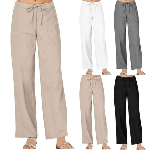YUGYXL Womens Cotton Linen Long Pants Drawstring Pull On Casual Pants Outdoor Wide Leg Trousers Summer Beach Pant Khaki S