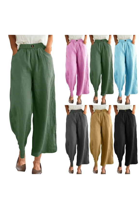 Womens Cotton Linen Pants Casual Button Up High Waisted Wide Leg Trousers Cropped Pants with Pockets Army Green XXXL