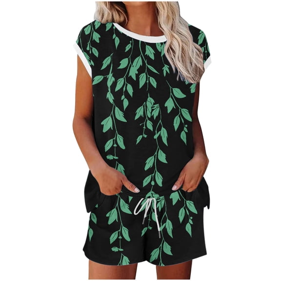 YUGYXL Womens Cotton Pajamas Set 2 Piece Short Sleeve Crewneck Pjs Set Soft Sleepwear Loungewear Set B Black S