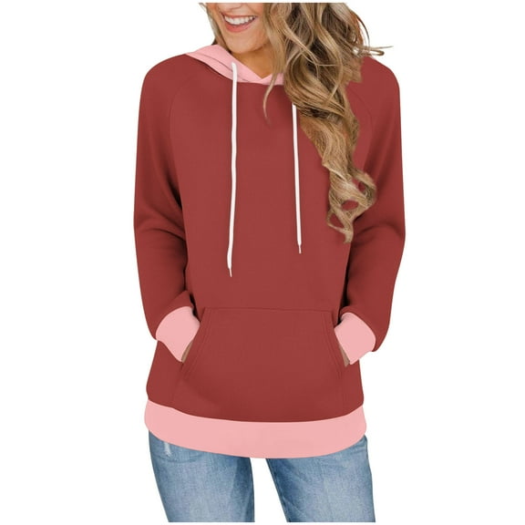 YUGYXL Womens Crew Neck Hoodies Pullover Long Sleeve Sweatshirts with Kangaroo Pocket Loose Color Block Casual Tunic Tops Wine XXL