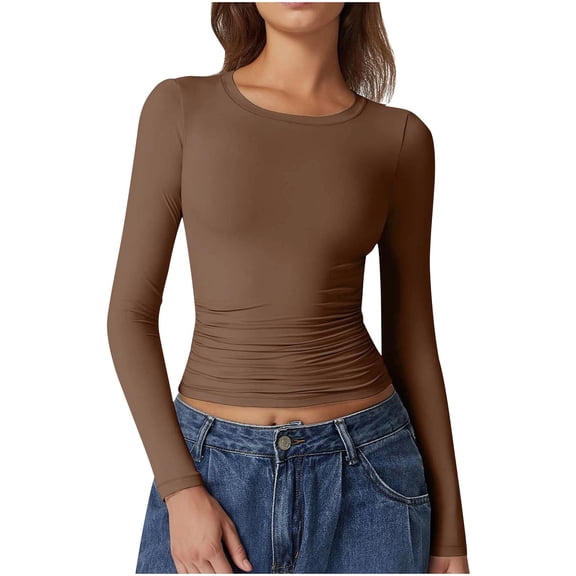 YUGYXL Womens Crewneck Long Sleeve Shirt Double Lined Basic Tees Side Ruched Going Out Crop Tops Coffee L