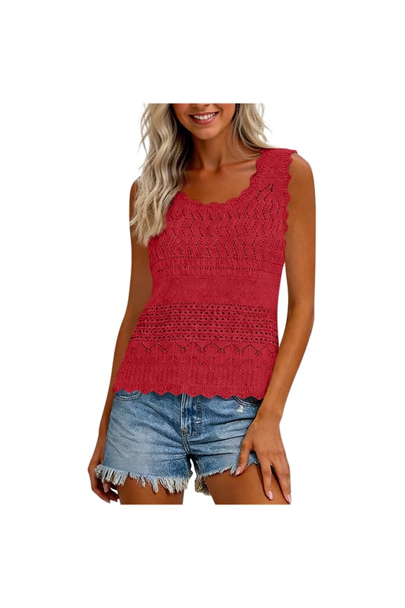 Womens Crochet Tank Tops Summer Spring Sleeveless Cute Knit Sweater Vest Trendy Beach Vacation Clothes Red S