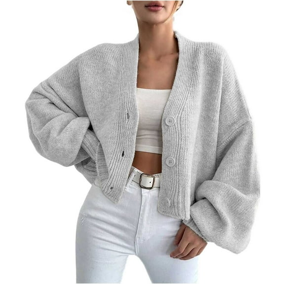 YUGYXL Womens Cropped Cardigans Sweater Trendy Fall Lantern Sleeve Button Down Loose Open Front Knit Sweater Top Gray L