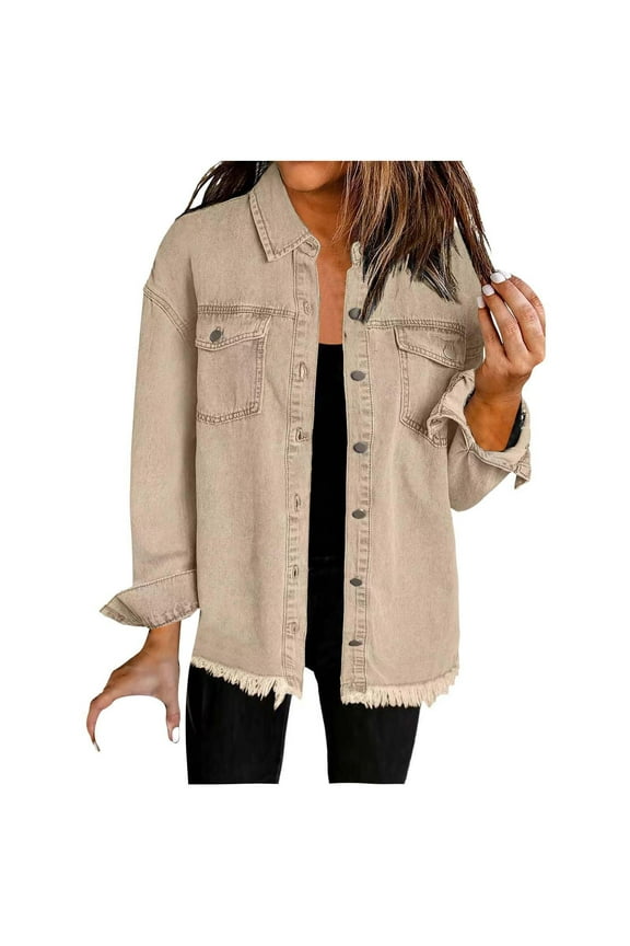 Womens Denim Jacket Plus Size Cropped Tassels Y2K Jean Jackets Frayed Long Sleeve With Pockets Cowboy Shirts Khaki S