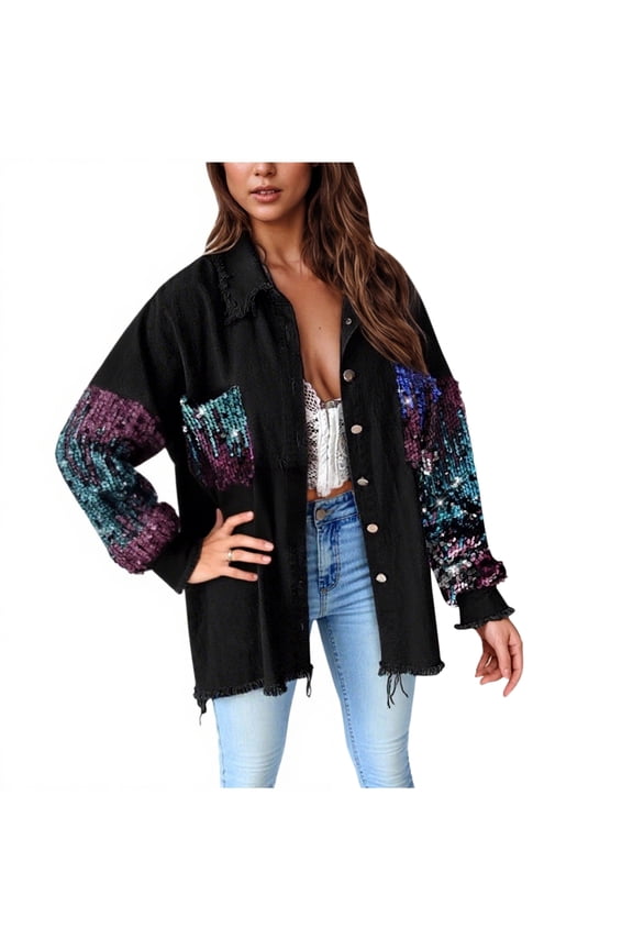 Womens Denim Jacket Sequin Patchwork Long Sleeve Jackets Top Button Front Oversized Denim Jacket Black XL