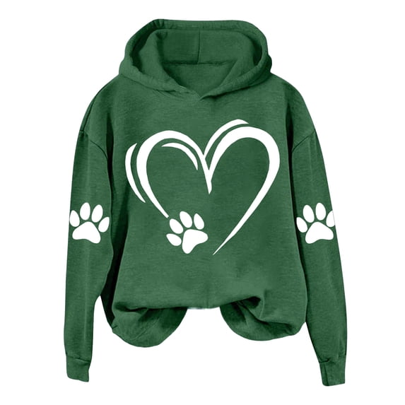 YUGYXL Womens Dog Paw Print Hoodies Cute Funny Heart Graphic Sweatshirts Casual Loose Fit Long Sleeve Hooded Pullover Tops Army Green Hoodie S