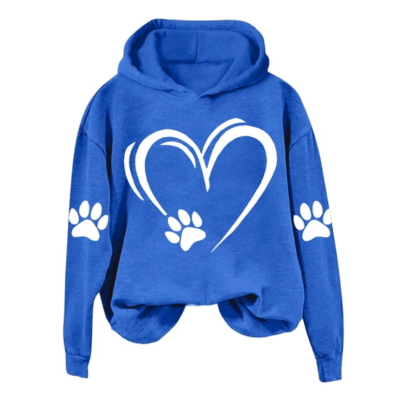 YUGYXL Womens Dog Paw Print Hoodies Cute Funny Heart Graphic Sweatshirts Casual Loose Fit Long Sleeve Hooded Pullover Tops Blue Hoodie M