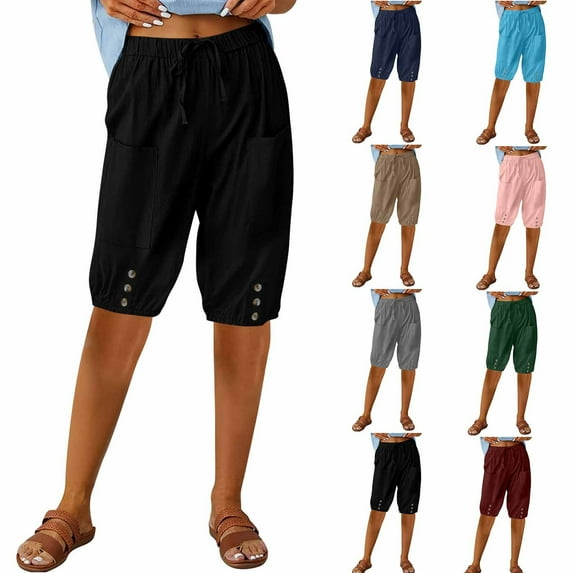 YUGYXL Womens Drawstring Knee Length Pants Button Stretch Bottom Short Pants with Pockets Vacation Beach Pants Wine M