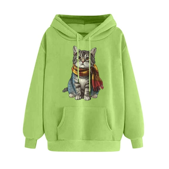 YUGYXL Womens Drawstring Sweatshirts Cute Animals Graphic Hoodies Crew Neck Long Sleeve Hooded Pullover with Pocket Green L