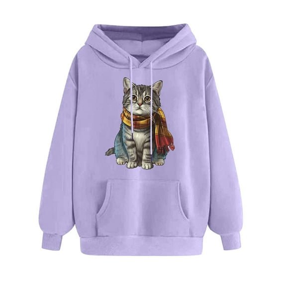 YUGYXL Womens Drawstring Sweatshirts Cute Animals Graphic Hoodies Crew Neck Long Sleeve Hooded Pullover with Pocket Purple XXL