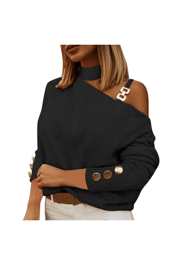 Womens Elegant Asymmetrical Cold Shoulder Mock Neck Long Sleeve Dressy Casual Fall Blouse Shirt Black S