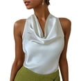 thumbnail image 1 of YUGYXL Womens Elegant Twist Front Halter Sleeveless Satin Blouse Keyhole Back Tank Top White M, 1 of 5