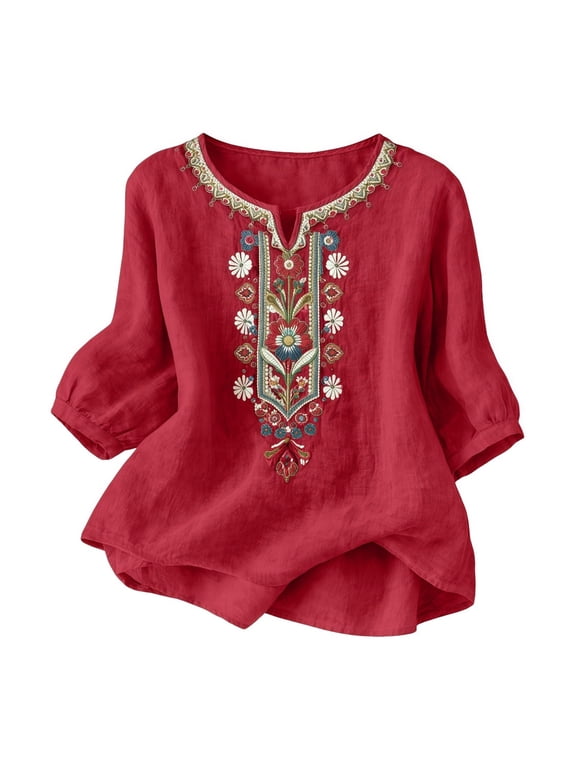 Womens Embroidered Linen Tops 3/4 Sleeve Mexican Peasant Shirt Trendy Boho Summer Tops Bohemian Vintage Floral Blouse Red Blouses XL