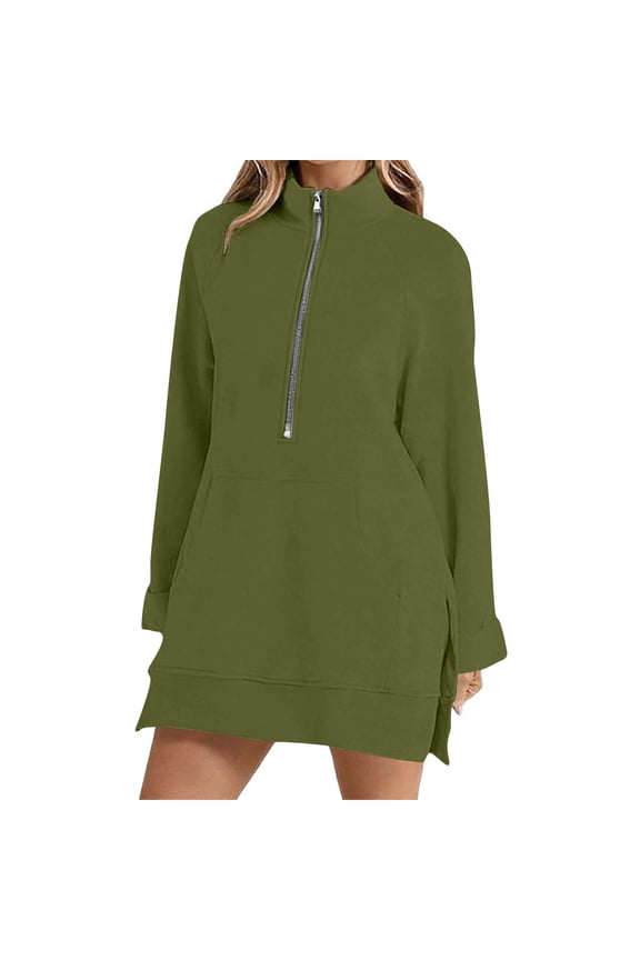 Womens Fall Dresses Casual Half Zip Side Slit Pullover Lounge Dress Cover Ups with Pocket Fall Winter Green M