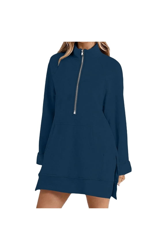 Womens Fall Dresses Casual Half Zip Side Slit Pullover Lounge Dress Cover Ups with Pocket Fall Winter Navy L