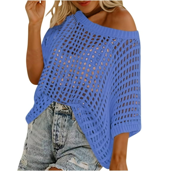 YUGYXL Womens Fall Scoop Neck Short Sleeve Sweater Casual Crochet Hollow Out Knit Tops Pullover Shirts Beach Coverup Blue XL