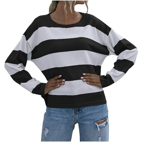 YUGYXL Womens Fall Striped Sweaters Long Sleeve Crew Neck Shirts Ribbed Knit Color Block Lightweight Pullover Sweater Top Black L