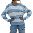 thumbnail image 1 of YUGYXL Womens Fall Striped Sweaters Long Sleeve Crew Neck Shirts Ribbed Knit Color Block Lightweight Pullover Sweater Top Blue L, 1 of 9