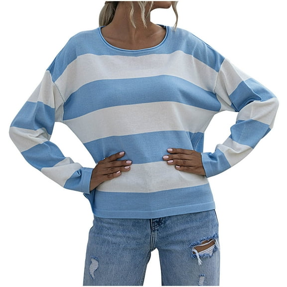 YUGYXL Womens Fall Striped Sweaters Long Sleeve Crew Neck Shirts Ribbed Knit Color Block Lightweight Pullover Sweater Top Blue L