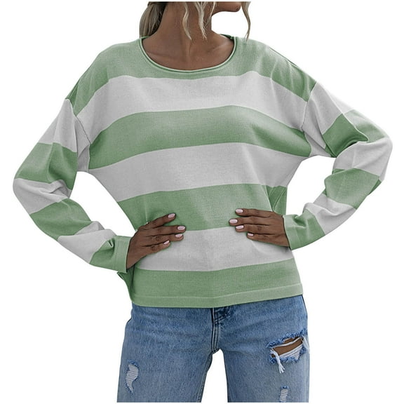 YUGYXL Womens Fall Striped Sweaters Long Sleeve Crew Neck Shirts Ribbed Knit Color Block Lightweight Pullover Sweater Top Green M