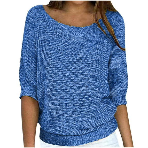 YUGYXL Womens Fall Sweater 3/4 Length Sleeve Tops Trendy Plain Knit Shirt Ladies Plus Size Round Neck Pullover Blouse Blue XXXL