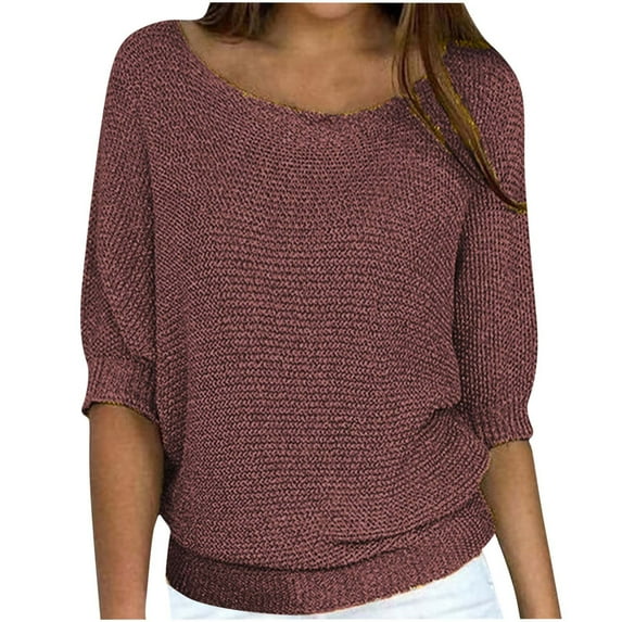 YUGYXL Womens Fall Sweater 3/4 Length Sleeve Tops Trendy Plain Knit Shirt Ladies Plus Size Round Neck Pullover Blouse Brown XXL