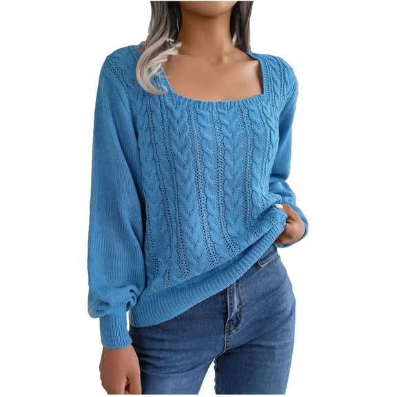 YUGYXL Womens Fall Sweaters Cable Knit Square Neck Lantern Sleeve Casual Loose Cute Vintage Pullover Top Trendy Clothes Blue L