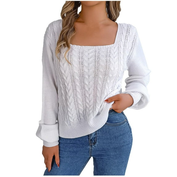 YUGYXL Womens Fall Sweaters Cable Knit Square Neck Lantern Sleeve Casual Loose Cute Vintage Pullover Top Trendy Clothes White S