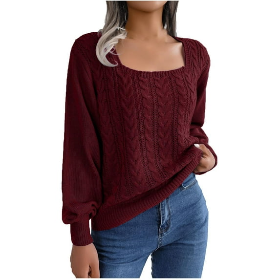 YUGYXL Womens Fall Sweaters Cable Knit Square Neck Lantern Sleeve Casual Loose Cute Vintage Pullover Top Trendy Clothes Wine S