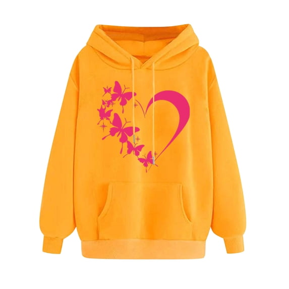 YUGYXL Womens Fall Sweatshirt Long Sleeve Hoodies Fashion Heart Print Cute Sweatshirts Outdoor Winter Hooded Blouses with Pocket Yellow M