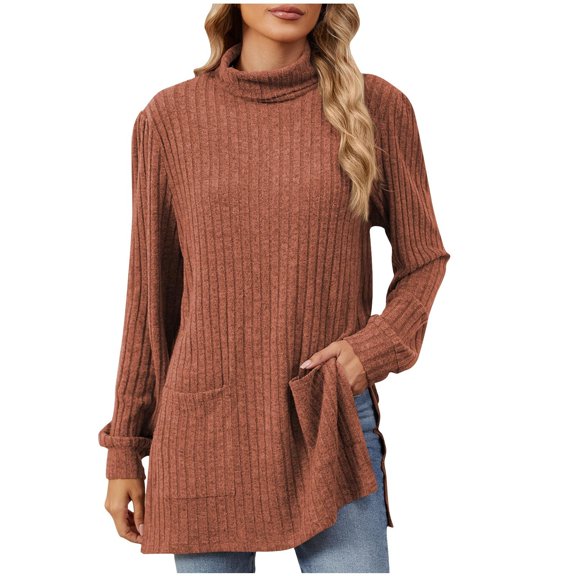 YUGYXL Womens Fall Tunic Tops Long Sleeve Shirts Turtleneck Lightweight Sweaters Side Split Tops with Pockets Orange L