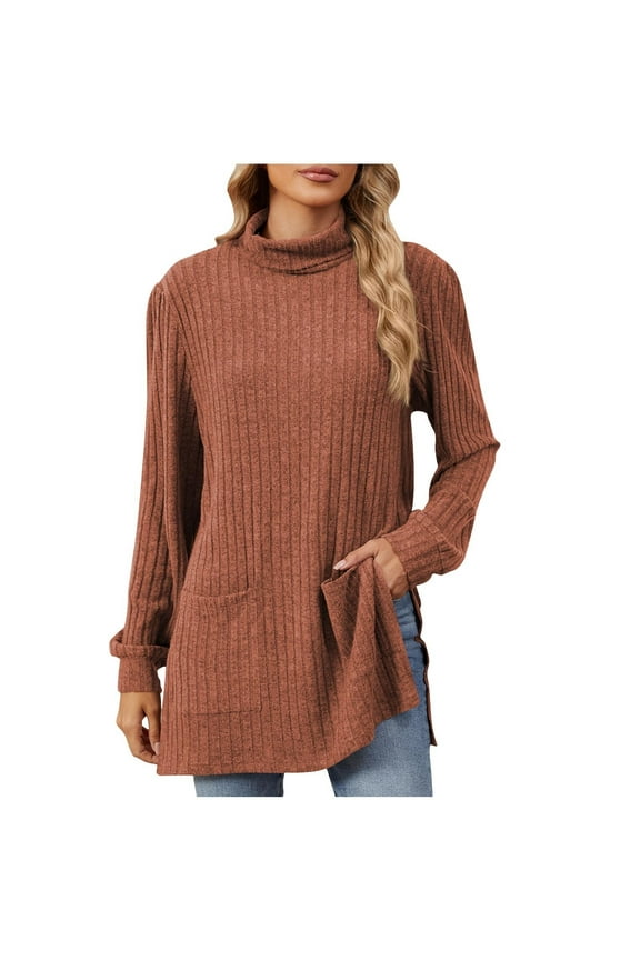 Womens Fall Tunic Tops Long Sleeve Shirts Turtleneck Lightweight Sweaters Side Split Tops with Pockets Orange XXL