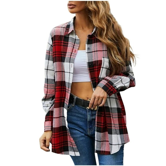 YUGYXL Womens Fashion Flannel Buffalo Plaid Shirt Button Down Long Sleeve Casual Loose Collared Shirts Blouse Top Red L