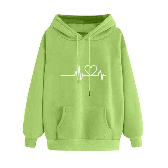 YUGYXL Womens Fashion Heart Print Hoodies Cute Comfy Sweatshirt Drawstring Long Sleeve Hooded Blouses with Pockets Green S