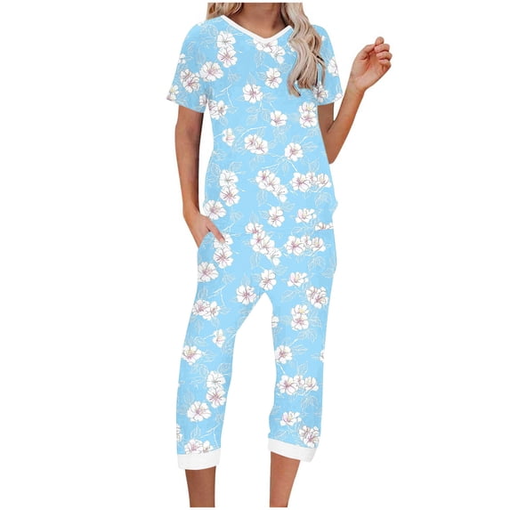 YUGYXL Womens Fashion Printed Pajama Sets Short Sleeve V Neck Comfy Sleepwear Tops and Capri Pants 2 Piece Loungewear Set Light Blue M