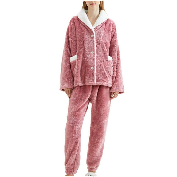 YUGYXL Womens Flannel Pajamas Sets Shawl Collar Long Sleeve Button Up Night Shirt Jogger Pants Fleece Lounge Set with Pocket Pink L