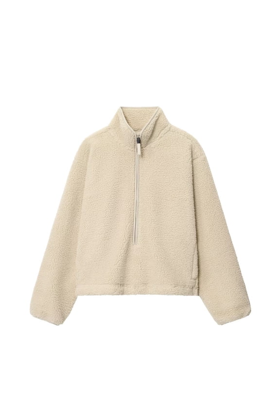 Womens Fleece Sweatshirts Cropped Half Zip Fuzzy Warm Sherpa Pullover Jackets with Zipper Pockets Beige Sweatshirt L
