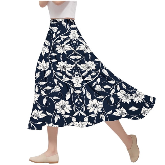 YUGYXL Womens Floral Midi Skirt Elastic Waist A Line Skirts Flowy Swing Skirt Casual Comfy Boho Summer Beach Vacation Wear A Black XL