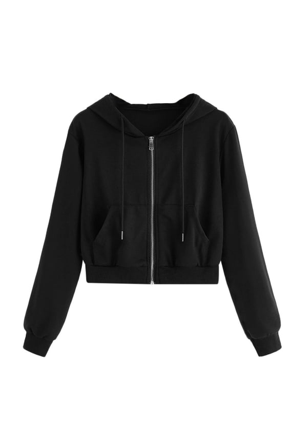 Womens Full Zip Hoodies with Pockets Trendy Cropped Thin Fleece Sweatshirts Solid Color Casual Pullover Tops Drawstring Winter Outfits ClothesBlack,S