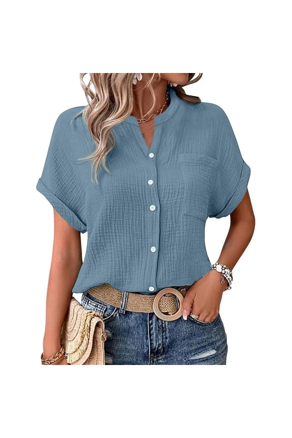 Womens Gauze Tops Casual Summer Button Down V Neck Short Sleeve Shirts Loose Pullover Oversized Lightweight Blouses Navy Tops S