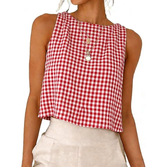 YUGYXL Womens Gingham Crop Tank Tops Spring Summer Sleeveless Vest Top Red XL